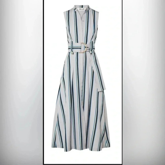 DIANE VON FURSTENBERG Size 10 Striped Sleeveless Belted Maxi Dress - Picture 3 of 12